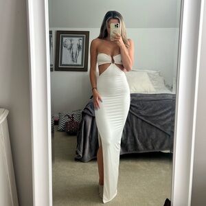 Oh Polly cream maxi dress with gold hardware!